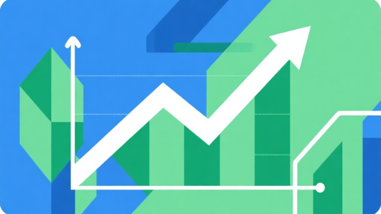 自动生成图片: Upward trending graph with simple geometric elements, green and blue color palette, clean business infographic style, minimal design, representing market growth high quality illustration, detailed, 16:9