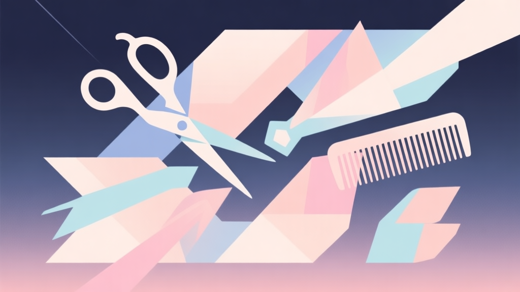 Abstract geometric composition with overlapping shapes representing scissors, combs, and action elements, soft pastel colors, modern minimal style, professional gaming concept illustration high quality illustration, detailed, 16:9