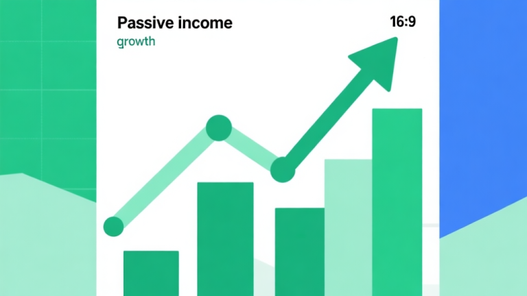自动生成图片: Upward trending graph with simple geometric elements, green and blue color palette, clean business infographic style, minimal design, representing passive income growth high quality illustration, detailed, 16:9