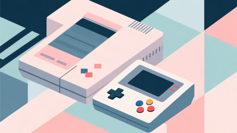 自动生成图片: Abstract geometric composition with overlapping shapes representing old and new game consoles, soft pastel colors, modern minimal style, professional business concept illustration of market trends high quality illustration, detailed, 16:9