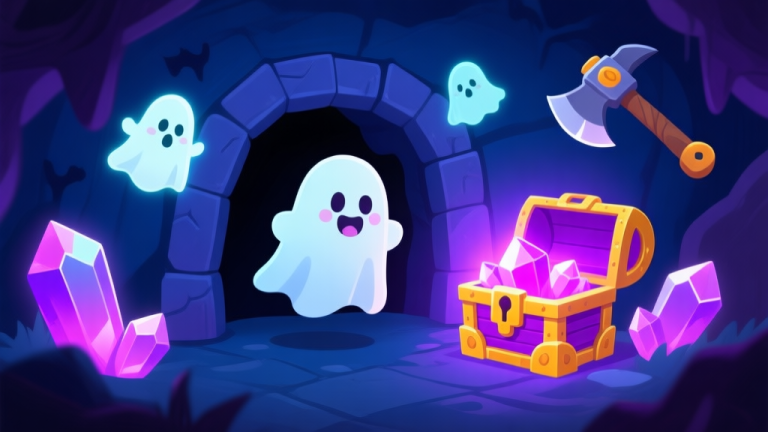 自动生成图片: A spooky yet cute ghostly mine entrance in a mobile game style, with glowing crystals, floating pickaxe ghosts, and a treasure chest emitting a legendary purple light, cartoonish and vibrant colors, dark blue and purple theme high quality illustration, detailed, 16:9