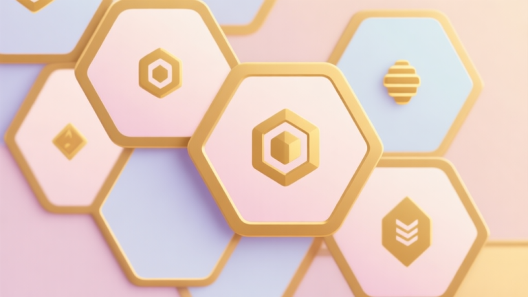 自动生成图片: Abstract geometric composition with overlapping honeycomb shapes and matching icons, soft pastel colors with gold accents, modern minimal style, professional game concept illustration high quality illustration, detailed, 16:9