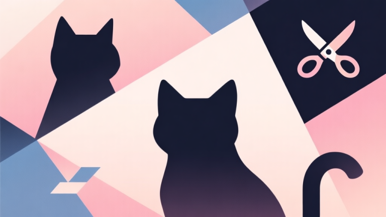 自动生成图片: Abstract geometric composition with overlapping stylized cat silhouettes and scissor icons, soft pastel colors, modern minimal style, professional gaming concept illustration high quality illustration, detailed, 16:9