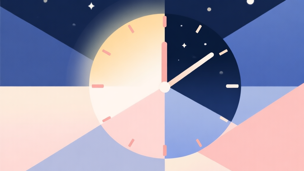 Abstract geometric composition with overlapping shapes representing day and night cycles, soft pastel colors, modern minimal style, professional business concept illustration of time management high quality illustration, detailed, 16:9