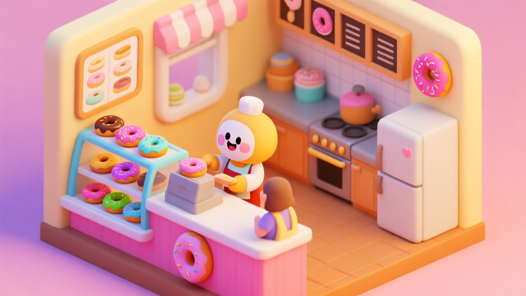 A vibrant, isometric view of a cute donut shop interior, with a counter displaying various colorful donuts, a friendly cartoon character serving a customer, and a kitchen area in the back. The art style is bright, playful, and inviting, with a warm color palette. high quality illustration, detailed, 16:9
