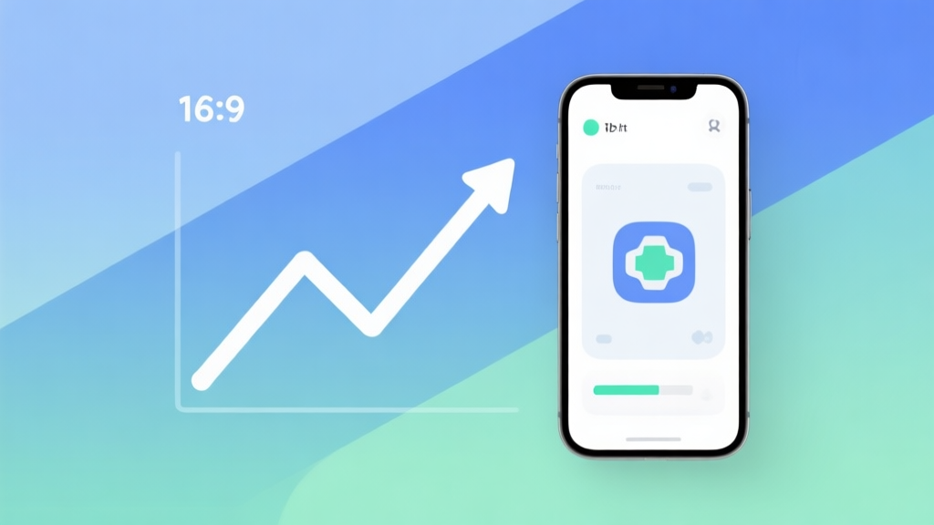 Minimalist business dashboard showing an upward trending line graph next to a smartphone with a simple game interface, soft blue and green gradient background, clean geometric shapes, flat design style high quality illustration, detailed, 16:9