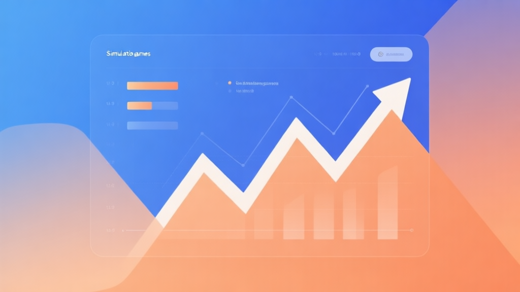 Minimalist business dashboard with abstract data visualization showing upward trend lines, soft gradient background in blue and orange, professional color scheme, clean geometric shapes representing growth in simulation games high quality illustration, detailed, 16:9