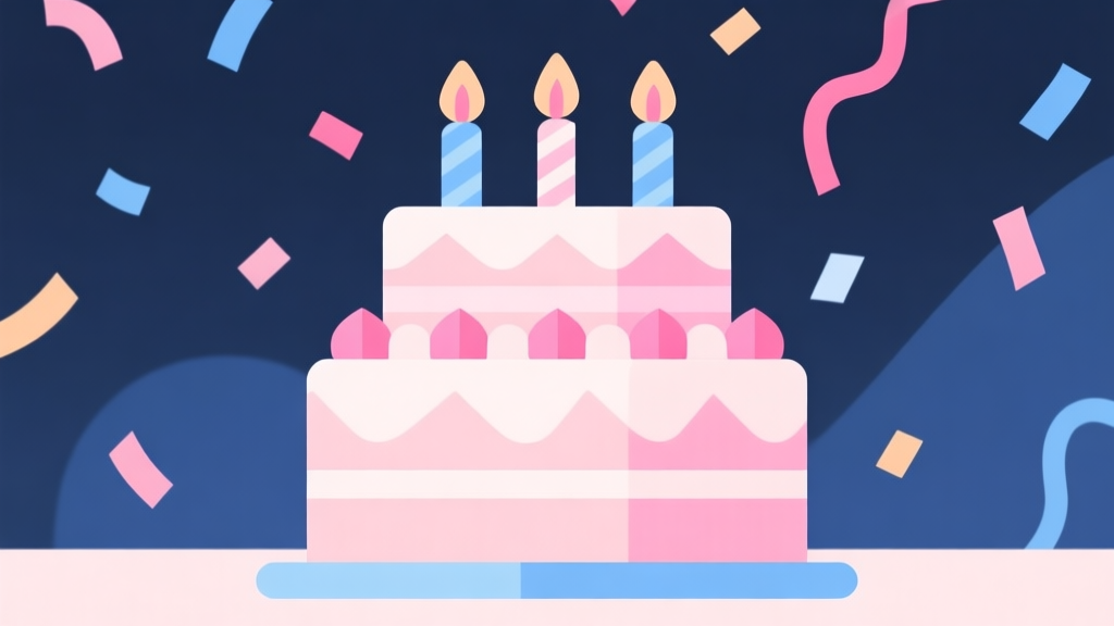 Minimalist illustration of a birthday cake with geometric decorations, soft pastel colors like pink and blue, clean flat design, celebratory confetti in abstract shapes, professional game concept art style high quality illustration, detailed, 16:9