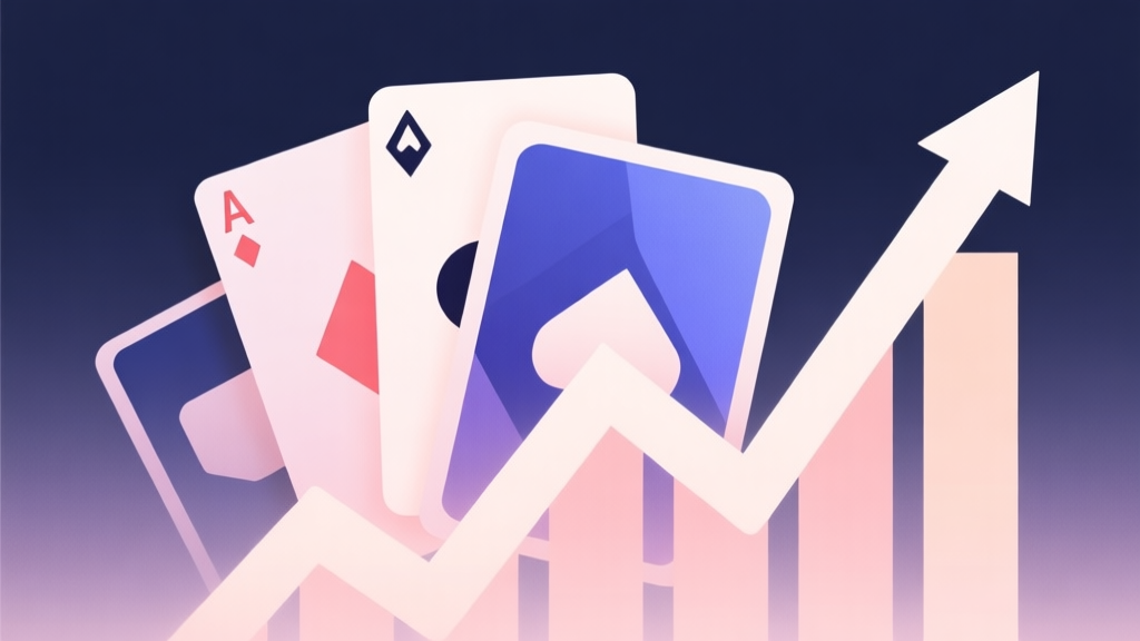 Abstract geometric composition with overlapping digital cards and upward trending graph, soft pastel colors, modern minimal style, professional gaming trend visualization high quality illustration, detailed, 16:9