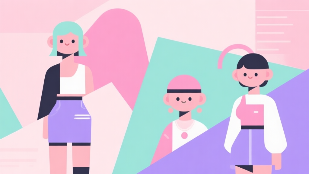 Abstract geometric composition with overlapping shapes representing digital fashion and cute avatars, soft pastel colors like pink, mint, and lavender, modern minimal style, professional trend analysis concept illustration high quality illustration, detailed, 16:9