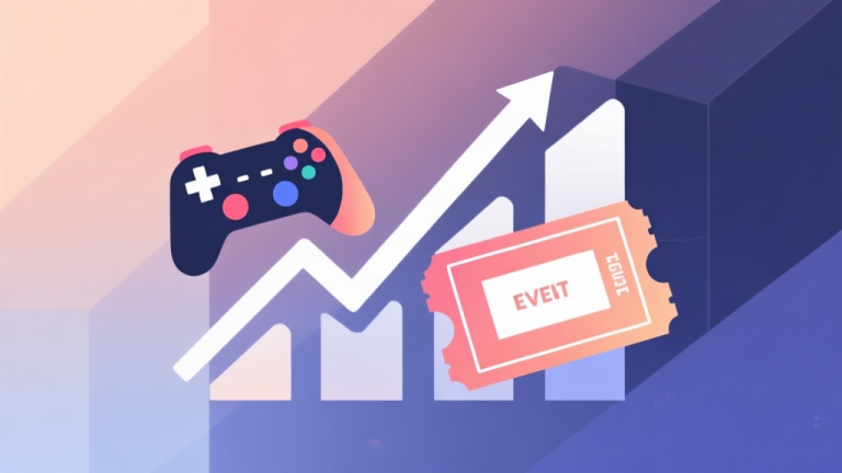 自动生成图片: Upward trending graph with game controller and event ticket icons integrated, soft gradient background, clean geometric shapes, modern digital trend illustration high quality illustration, detailed, 16:9