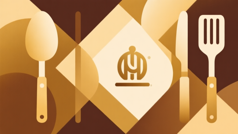 自动生成图片: Abstract geometric composition with overlapping shapes representing cooking utensils and restaurant logos, soft warm colors like gold and brown, modern minimal style, professional collaboration concept illustration high quality illustration, detailed, 16:9