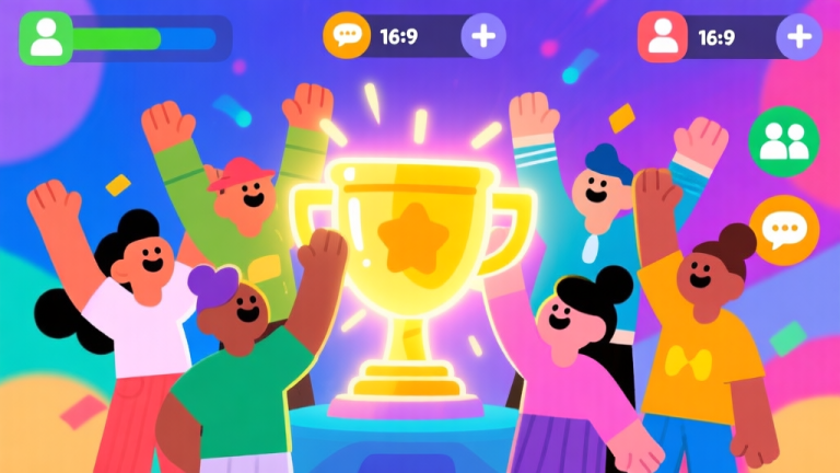 自动生成图片: A vibrant, playful digital illustration showing a group of diverse, stylized cartoon avatars high-fiving and celebrating around a glowing, abstract trophy. The background features a dynamic, colorful game UI with simple icons for chat and groups, conveying a sense of fun and social connection. high quality illustration, detailed, 16:9