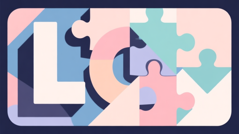 自动生成图片: Abstract geometric composition with overlapping letters and puzzle pieces, soft pastel colors, modern minimal style, professional game concept illustration high quality illustration, detailed, 16:9