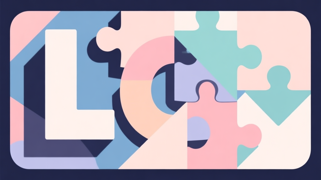 Abstract geometric composition with overlapping letters and puzzle pieces, soft pastel colors, modern minimal style, professional game concept illustration high quality illustration, detailed, 16:9