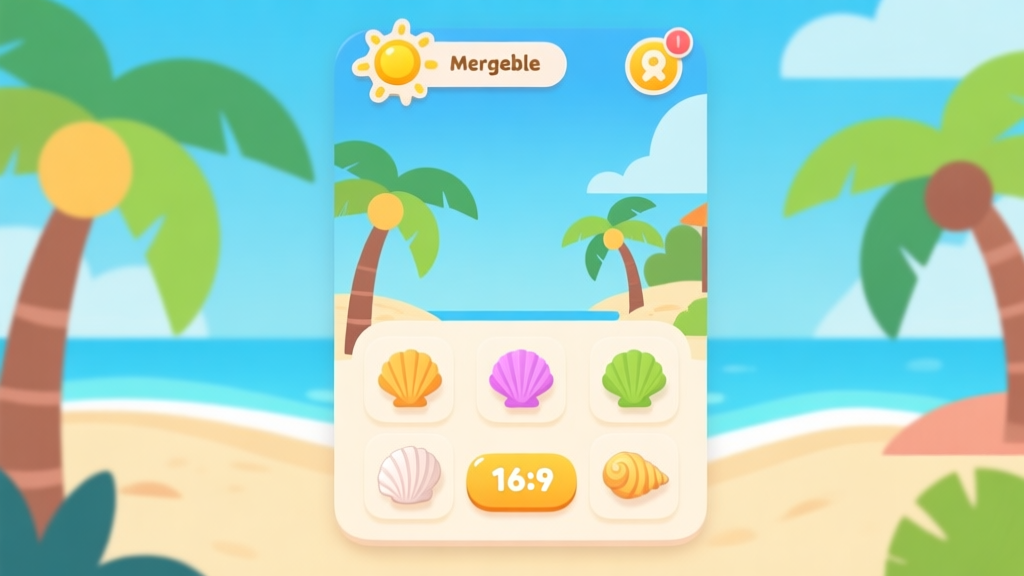 A vibrant, minimalist game interface mockup showing a tropical beach resort with mergeable items like shells and palm trees, clean icons, sunny color palette, flat design style, inviting and playful atmosphere high quality illustration, detailed, 16:9