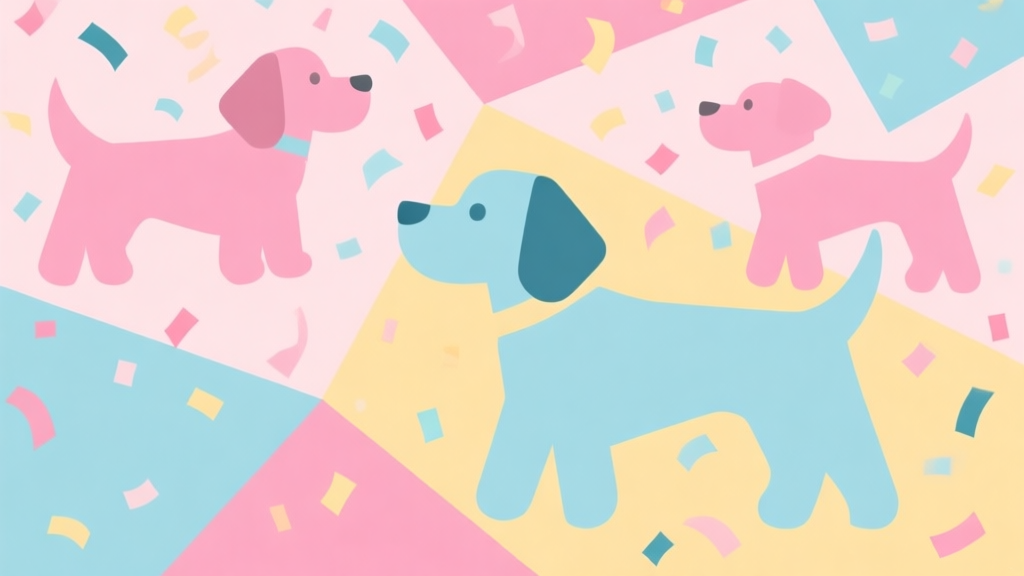 Abstract geometric composition with overlapping shapes in the form of cute dog silhouettes and festive confetti, soft pastel colors like pink, light blue, and yellow, modern minimal style, joyful celebration concept illustration high quality illustration, detailed, 16:9