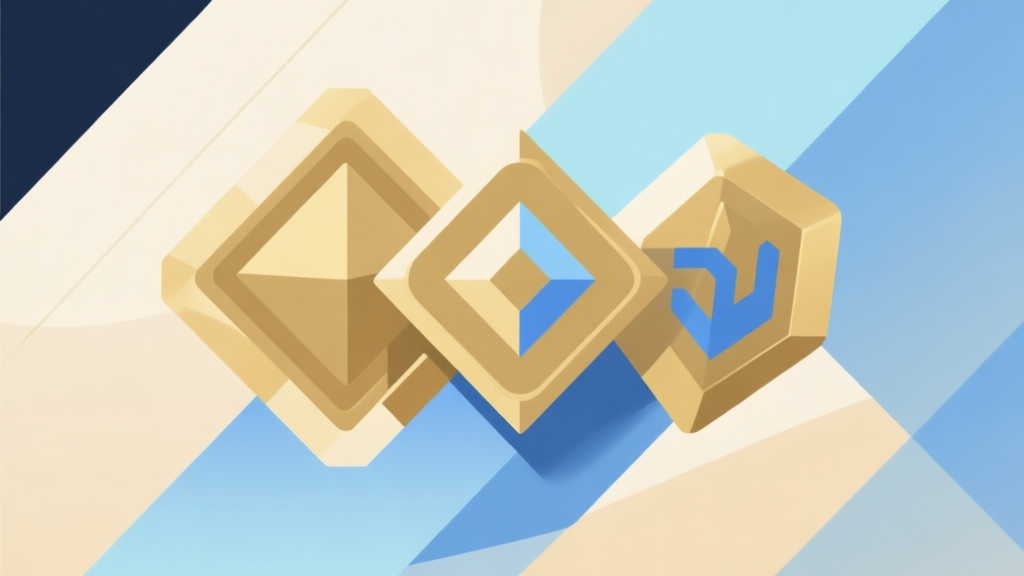 Abstract geometric composition with overlapping shapes representing rare game materials, soft gold and blue pastel colors, modern minimal style, professional gaming concept illustration high quality illustration, detailed, 16:9