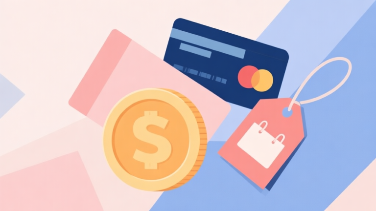 自动生成图片: Abstract geometric composition with overlapping shapes representing digital coins and real-world shopping tags, soft pastel colors, modern minimal style, professional business concept illustration high quality illustration, detailed, 16:9