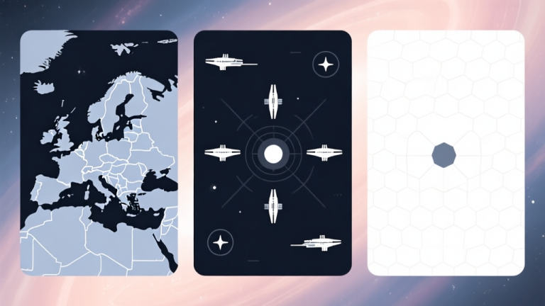 自动生成图片: A split-screen minimalist illustration showing three distinct galaxy map styles: one with intricate political borders, one with tactical fleet icons, and one with clean hex grids. Soft cosmic background, professional color coding, clean lines high quality illustration, detailed, 16:9