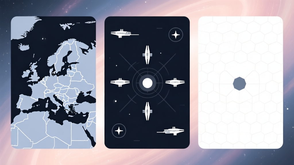 A split-screen minimalist illustration showing three distinct galaxy map styles: one with intricate political borders, one with tactical fleet icons, and one with clean hex grids. Soft cosmic background, professional color coding, clean lines high quality illustration, detailed, 16:9