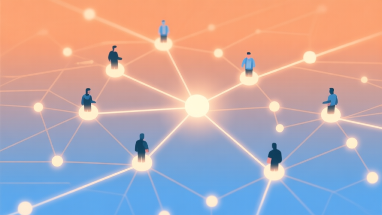 自动生成图片: Abstract network nodes connected by lines, glowing dots representing players converging towards a center, soft gradient background of orange and blue, clean minimal illustration of a digital battle royale concept high quality illustration, detailed, 16:9