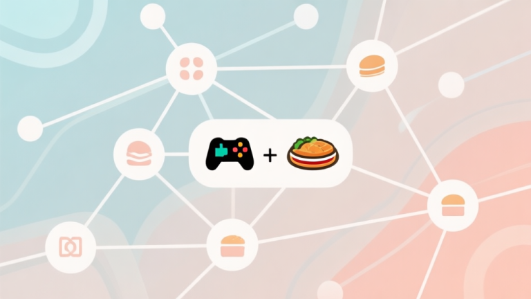 自动生成图片: Abstract network nodes connected by lines, soft color scheme, clean minimal illustration, modern digital concept of collaboration between gaming and food brands high quality illustration, detailed, 16:9