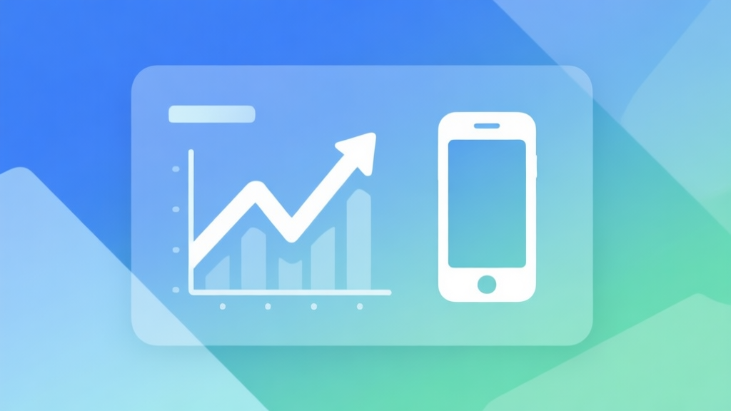 Minimalist business dashboard showing an upward trending graph next to a simple smartphone icon, soft blue and green gradient background, clean geometric shapes, data visualization style high quality illustration, detailed, 16:9