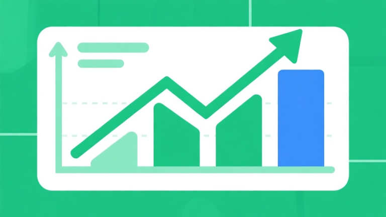 自动生成图片: Upward trending graph with simple geometric elements, green and blue color palette, clean business infographic style, minimal design, representing growth of idle games high quality illustration, detailed, 16:9