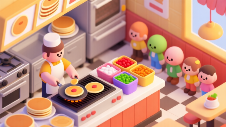自动生成图片: A vibrant, isometric view of a bustling pancake restaurant kitchen, with a character flipping pancakes on a griddle, various colorful toppings in containers, and a queue of cute customer avatars waiting. Digital art style, bright and warm color palette, clean UI elements visible. high quality illustration, detailed, 16:9