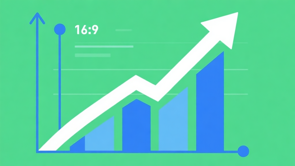 Upward trending graph with simple geometric elements, green and blue color palette, clean business infographic style, minimal design high quality illustration, detailed, 16:9