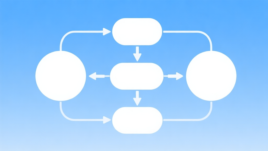 Simple flowchart illustration with connected circles and arrows, light blue and white color scheme, clean minimal design, business presentation style high quality illustration, detailed, 16:9
