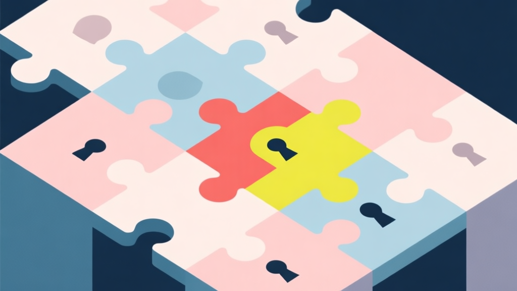 Abstract geometric composition with overlapping puzzle pieces and locked shapes, soft pastel colors with one bright accent color breaking through, modern minimal style, representing a difficult game level high quality illustration, detailed, 16:9