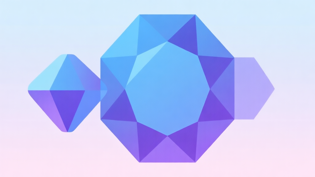 Abstract geometric composition with overlapping hexagonal jewel shapes in gradient blue and purple, soft pastel background, clean lines, minimalist game strategy concept illustration high quality illustration, detailed, 16:9