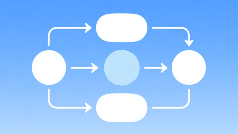 自动生成图片: Simple flowchart illustration with connected circles and arrows, light blue and white color scheme, clean minimal design, business presentation style high quality illustration, detailed, 16:9