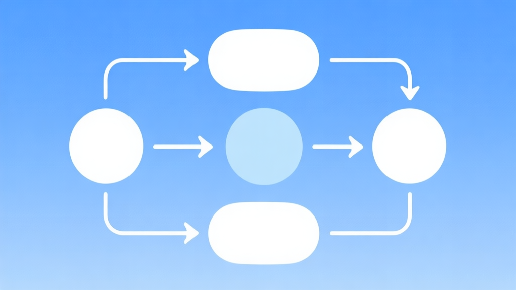 Simple flowchart illustration with connected circles and arrows, light blue and white color scheme, clean minimal design, business presentation style high quality illustration, detailed, 16:9