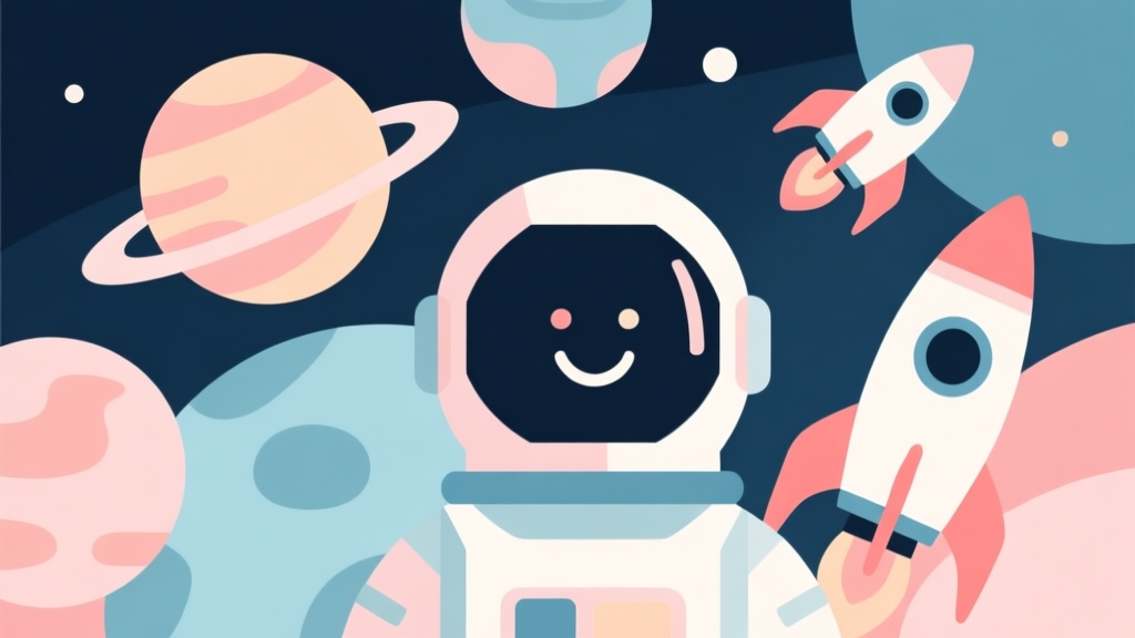 Abstract geometric composition with overlapping planets, rockets, and smiling astronaut helmet, soft pastel colors, modern minimal style, playful yet professional concept illustration high quality illustration, detailed, 16:9