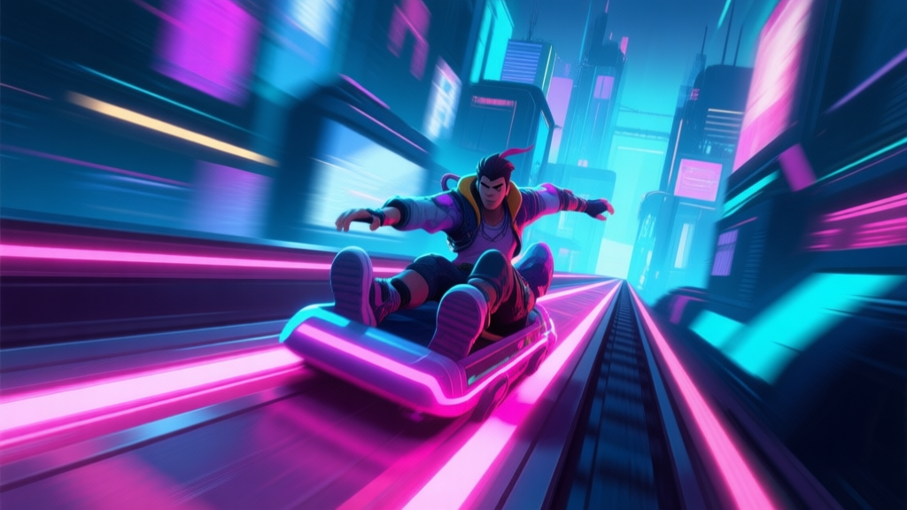 Dynamic video game character sliding on a neon-lit rail in a futuristic cityscape, motion blur effects, action shot, vibrant colors, cinematic lighting high quality illustration, detailed, 16:9