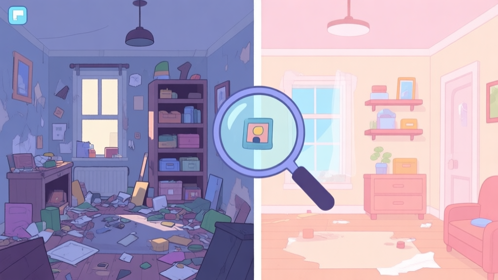 A split-screen illustration showing a cluttered, chaotic room on the left and a perfectly organized, beautifully renovated room on the right, with a magnifying glass highlighting a hidden object, in a soft pastel color scheme, clean game UI style high quality illustration, detailed, 16:9