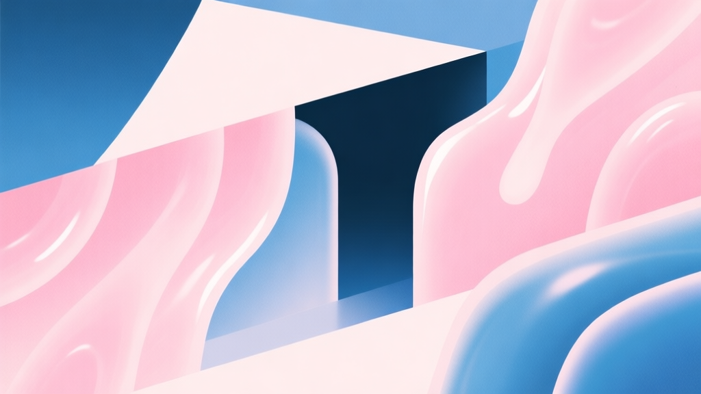 Abstract geometric composition with overlapping shapes in jelly-like textures, soft pastel pinks and blues, modern minimal style, hidden secret concept illustration high quality illustration, detailed, 16:9