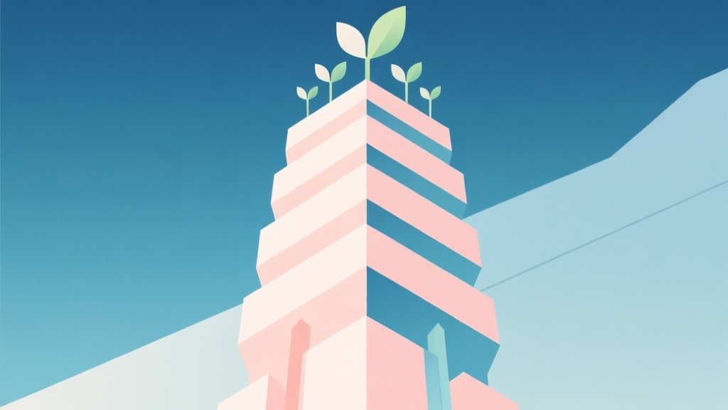 Abstract geometric composition representing a growing tower, soft pastel colors, clean minimal design, professional business concept illustration of growth and structure high quality illustration, detailed, 16:9