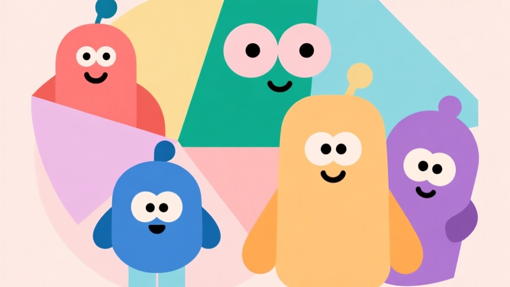 Abstract geometric composition with overlapping colorful shapes representing different Oddbods characters, soft pastel colors, modern minimal style, playful yet clean illustration high quality illustration, detailed, 16:9