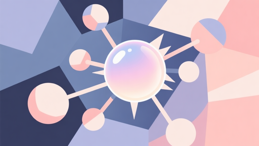 Abstract geometric composition with overlapping shapes in soft pastel colors, one large bubble bursting into smaller connected nodes, modern minimal style, professional game strategy concept illustration high quality illustration, detailed, 16:9