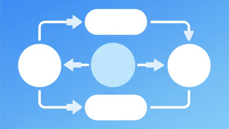 自动生成图片: Simple flowchart illustration with connected circles and arrows, light blue and white color scheme, clean minimal design, business presentation style high quality illustration, detailed, 16:9