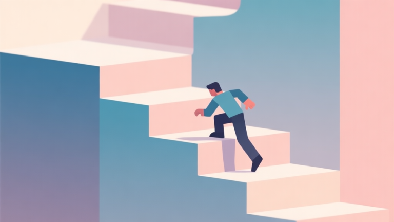 自动生成图片: Abstract geometric composition showing a character figure stumbling on stylized stair shapes, soft pastel colors, modern minimal style, professional game design concept illustration high quality illustration, detailed, 16:9