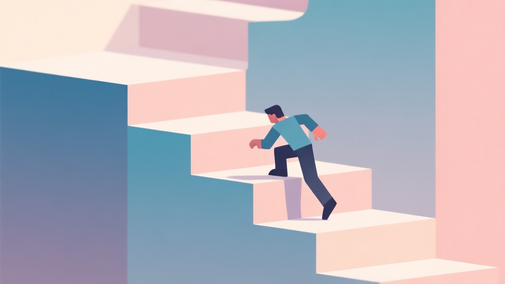 Abstract geometric composition showing a character figure stumbling on stylized stair shapes, soft pastel colors, modern minimal style, professional game design concept illustration high quality illustration, detailed, 16:9