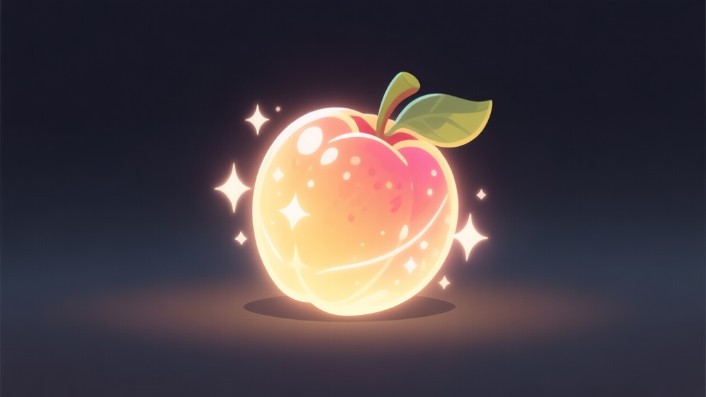 A glowing, magical fruit-like item with soft sparkles and a healing aura, resting on a minimalist dark background, clean game asset illustration style high quality illustration, detailed, 16:9