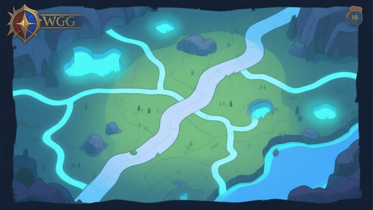 自动生成图片: A top-down minimalist map of a fantasy RPG landscape, with one main path clearly marked and several subtle, hidden pathways branching off into obscured, glowing areas, soft blues and greens, clean lines, video game cartography style high quality illustration, detailed, 16:9