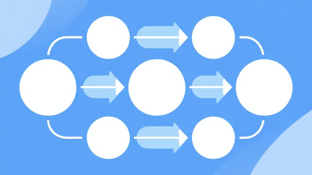 Simple flowchart illustration with connected circles and arrows, light blue and white color scheme, clean minimal design, business presentation style high quality illustration, detailed, 16:9