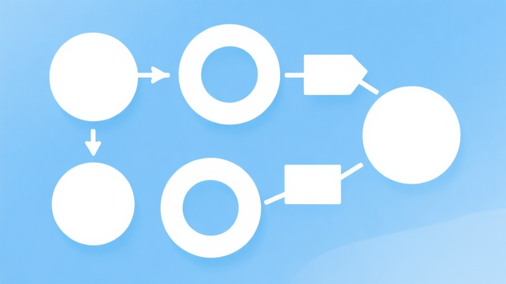 Simple flowchart illustration with connected circles and arrows, light blue and white color scheme, clean minimal design, business presentation style high quality illustration, detailed, 16:9